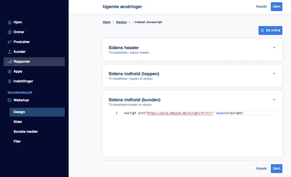 Smartweb: Indsæt Javascript - indsæt kodestump i Sidens indhold (bunden)