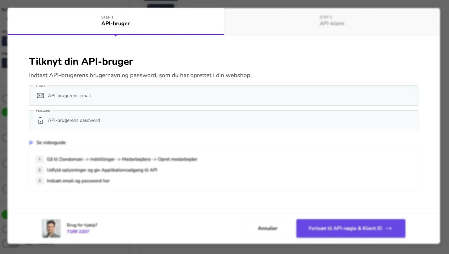 Plugly: Indsæt API-brugerens email og password